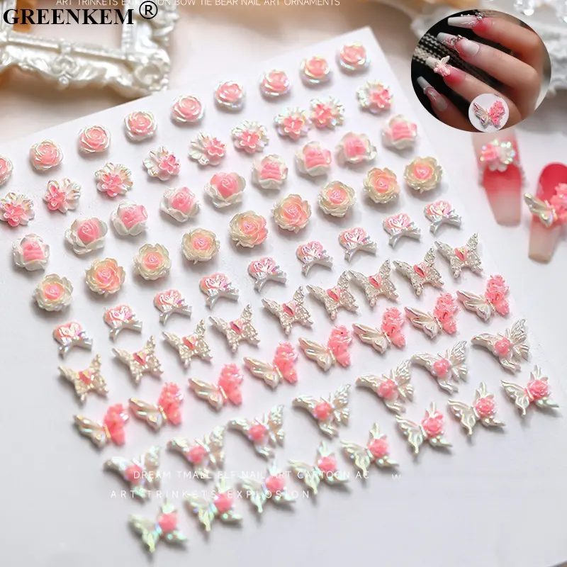 New Butterfly Flowers Nail Charms Fantasy Glow Rose Bow Tie Camellia Flower Bear Nail Accessories 3D Nail Charms Decoration