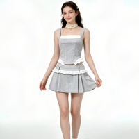 Ensemble 2 pièces gris à carreaux pour femme D&M, haut à col carré découpé et mini-jupe plissée à volants, tenue preppy Y2K OEM