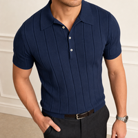 Maßgeschneiderter Slim Fit Gerippter Rundhals-Strickpullover für Herren Einfarbiger Gestrickter Pullover mit Polokragen und Knopfdetails 5-Pin-Dichte Herrenpullover