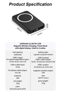 Banque d'alimentation portable PD 22,5 W 10000 mAh avec 3 câbles intégrés, charge magnétique 15 W, affichage numérique, pour téléphone - Product Image 5