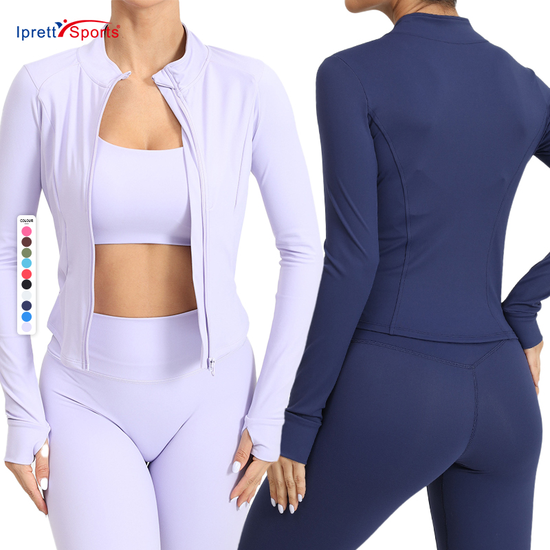 Compression-Fit Women's Stand-up Collar Zipper Yoga Jacket Quick-drying Tight-fitting Long-sleeved Sports Top with Thumb Holes
