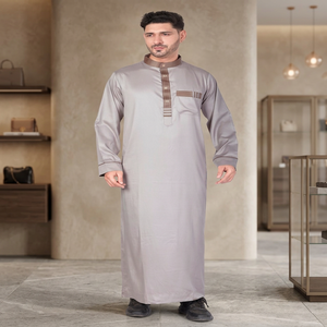 <b>Men's</b> Beige <b>Thobe</b> Neck Long Sleeve Lightweight Polyester Floor Length Modest Prayer Wear Eid Ramadan Adult Middle East - Product Image 3