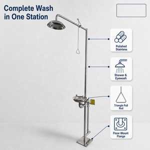 Estación de Ducha y <span class=keywords><strong>Lavaojos</strong></span> de Emergencia de Acero Inoxidable, Unidad de Lavado de Seguridad Montada en el Suelo - Product Image 1