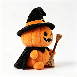 Poupée en peluche visage de citrouille d'Halloween, motif chauve-souris, chapeau de sorcière et balai, décoration de table, cadeau - Product Image 4