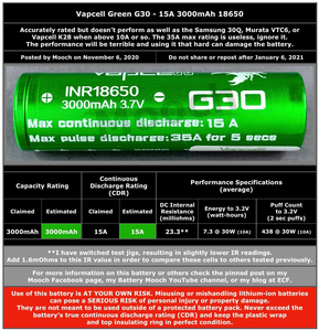<span class=keywords><strong>Vapcell</strong></span> G30 INR18650แบตเตอรี่ลิเธียมไอออน3000มิลลิแอมป์15A ชาร์จได้3.7โวลต์18650แบตเตอรี่ลิเธียมไอออนทรงกระบอก - Product Image 6