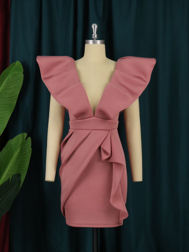 Above Knee Sexy Sleeveless Cute Deep V Neck Pleated Girl Club Dresses