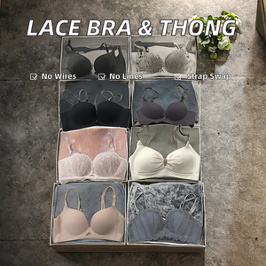 Soutien-gorge push-up en dentelle tissée pour femme grande taille, culotte, string, sous-vêtements avec strass, sans couture, style quotidien, design ajouré - Product Image 2