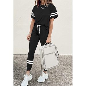 Women <b>Summer</b> Two Piece Outfits Striped Short Sleeve Pullover And Long <b>Pants</b> Tracksuit Casual Breathable Lounge Set - Product Image 3