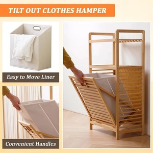 Bamboo Laundry <b>Storage</b> <b>Basket</b> <b>With</b> <b>Shelf</b> For Laundry Room Natural Color Rectangle Standing Type Clothing Organizer - Product Image 5