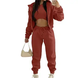 卸売スウェットスーツ巾着パンツパンツコットンベストパーカージャケット女性3ピーストラックスーツジョガーセット