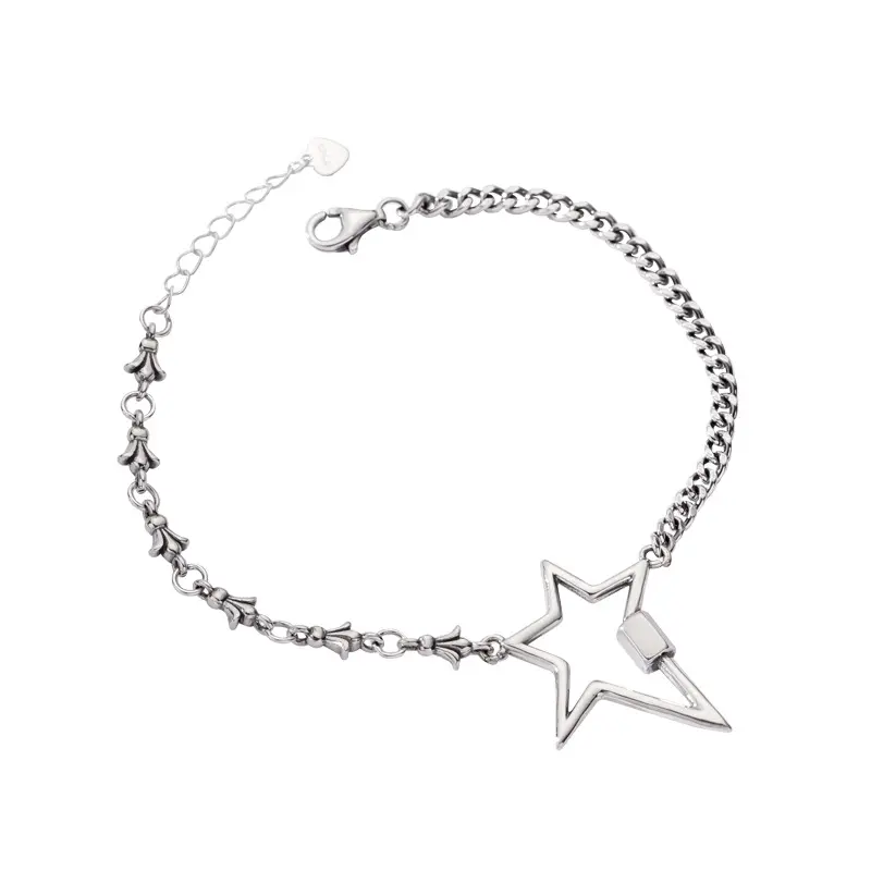 ANENJERY Vintage Jewelry Hollow Star Charm Thai Silver Bracelets For Women Men Asymmetric Link Chain