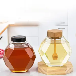 Frascos de mel vazios para venda por atacado, potes de vidro transparente em favo de mel com tampa de madeira, colher e dipper