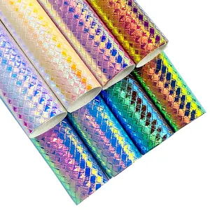 In Stock Wholesale 0.7MM Woven Grain Cotton Backing Shiny Holographic Faux Leather Rolls for Women DIY Handbags