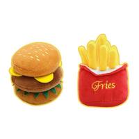 Jouet en peluche mignon et couineur en forme d'ours en peluche avec design frites et hamburger pour chats et petits chiens