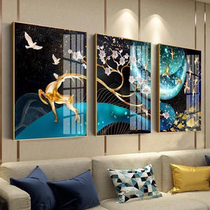 Decorazione da Parete per Soggiorno, Set di 3 Pezzi, Cornice in Cristallo e Porcellana, Dipinto in Vetro Artistico con <span class=keywords><strong>Pavone</strong></span> - Product Image 1