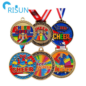 Medalla de alegría con purpurina de bronce dorado y plateado personalizada de alta calidad al por mayor para animadoras, medalla, trofeo, cintas para el cuello con estrellas - Product Image 1