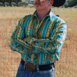 Benutzer definierte Western Vintage Aztec Print Button Daunen hemden Tops Bluse Kleidung Langarm Cowboy Shirt für Männer - Product Image 4