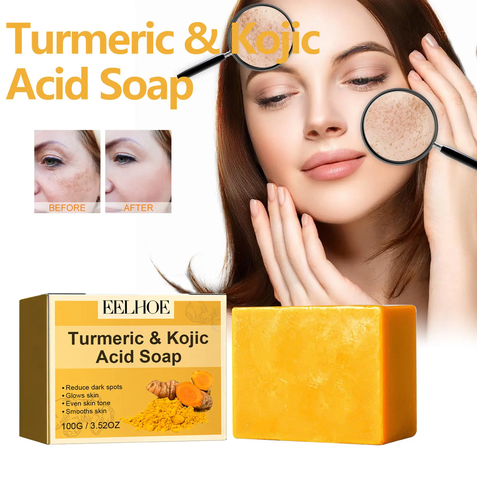 Nghệ Kojic axit xà phòng làm sạch sâu sắc làm trắng THẬM CHÍ tông màu da làm sáng đốm đen tẩy trắng mịn trẻ hóa nghệ xà phòng