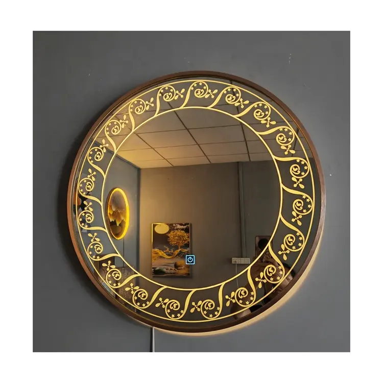 new design custom illuminated smart mirror with aluminum alloy frame gold round led bathroom mirror with touch