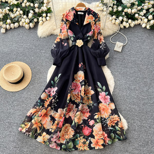 Abito midi floreale da donna: <span class=keywords><strong>vestito</strong></span> lungo in chiffon <span class=keywords><strong>a</strong></span> trapezio con maniche <span class=keywords><strong>a</strong></span> sbuffo e collo <span class=keywords><strong>a</strong></span> revers, con cintura <span class=keywords><strong>a</strong></span> <span class=keywords><strong>fiori</strong></span>, elegante abito da festa primaverile/estivo - Product Image 2