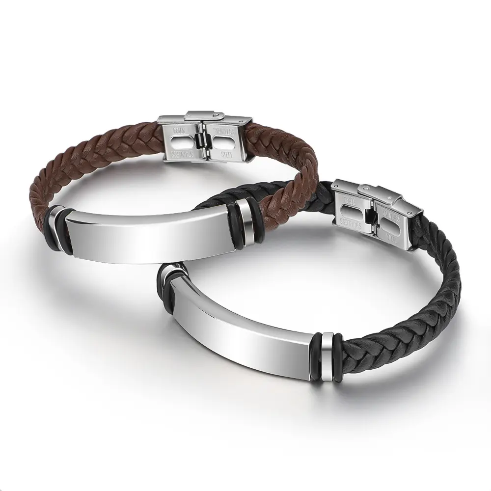 Personalize Custom Logo Name Engrave Bangle Bracelet Fashion Braided Leather Bracelets For Women Men ID Bracelet (KB8491)