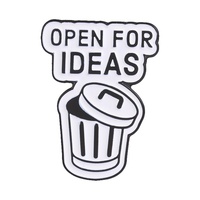 Broche en émail 'Open For Ideas' motif poubelle de bureau et poubelle de dessin animé, humour sarcastique, pour sac à dos, vêtements, badge, bijoux, cadeaux