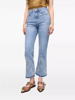 Jean en denim décontracté d'été pour femme, broderie Madeira, ajouré à œillets, motif floral, taille haute, coupe droite ample, boutonné, tissé