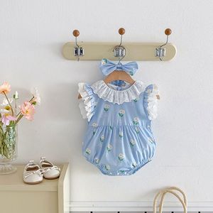 Sommerlicher Spitzen-Strampler ohne Ärmel für Babymädchen mit Haarband-Set, dünnes Blumenmuster-Kleid für Kinder, süße Kinderkleidung - Product Image 6