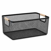Panier de rangement rectangulaire en fer avec poignée en bois, style nordique, organisateur de bureau pour fruits et fournitures de bureau, 3 tailles, 5 couleurs
