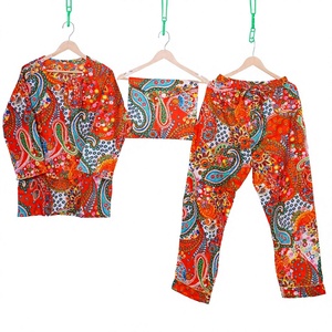 Women's 100% Cotton Paisley Print Long Sleeve Pajama Set Full Length Elastic Waist Soft Casual Sleepwear Summer Wear - Product Image 1