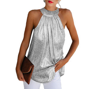 2024 vendita calda camicetta da donna Double Silver pendente collo senza maniche t-shirt Casual Off spalline Top camicetta da donna - Product Image 1