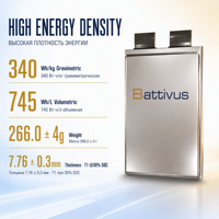 Batterie lithium-ion NMC en pochette Battivus haute densité énergétique 340Wh/kg 26Ah 3.4V pour drone et véhicule électrique, décharge continue 4C, décharge pulsée 8C