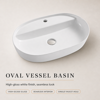 Vasque de salle de bain ovale en céramique 61*41cm, finition blanche brillante, à poser sur comptoir, à rebord fin, avec trou pour robinet unique