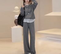 Ensemble décontracté pour femmes de style coréen 2025, respirant, en tissu tissé, deux pièces, sweat-shirt et pantalon, ourlet en dentelle, ensemble unique
