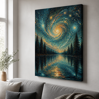 Impression sur toile de peinture de paysage de forêt avec lac et galaxie tourbillonnante, art mural, paysage de nuit étoilée, décoration pour salon et hôtel