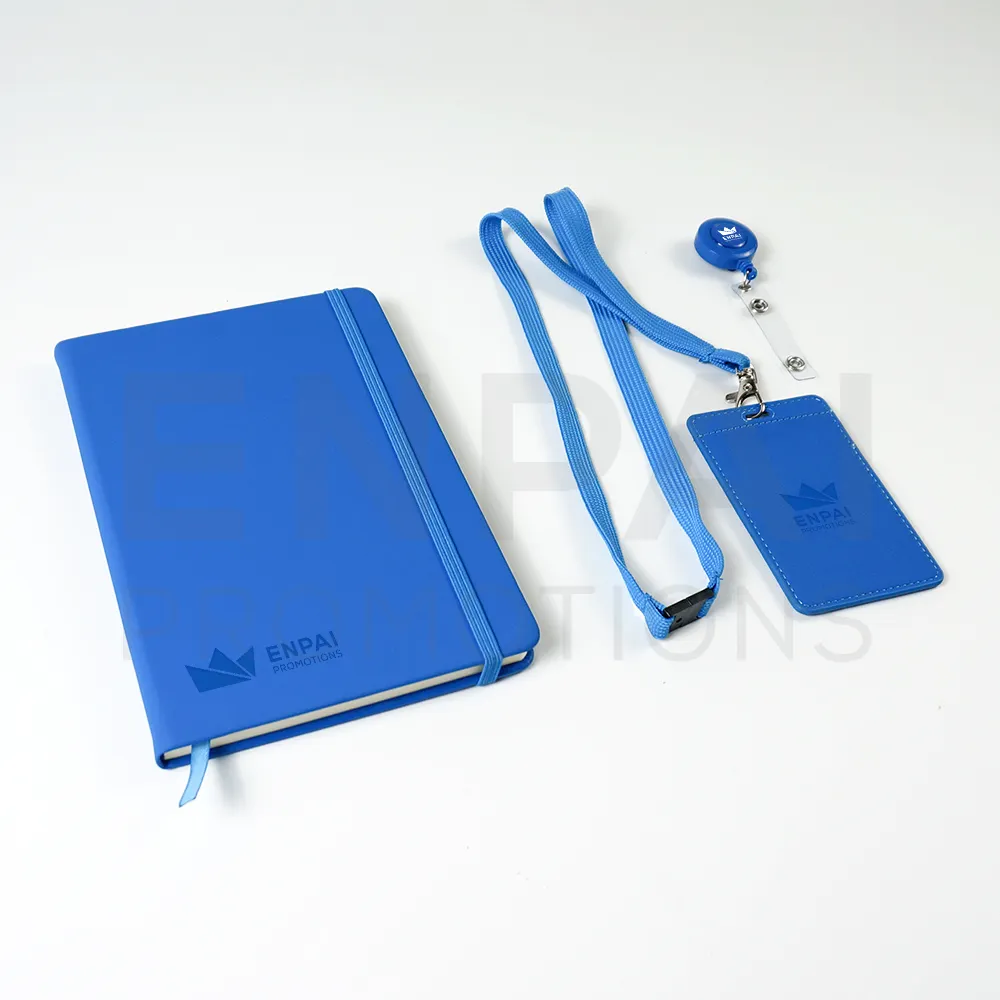 Customizable new employee welcome kit on boarding corporate identity business events notebooks lanyards badge holders