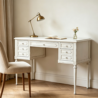 Bureau d'écriture en bois massif blanc vieilli, 7 tiroirs, pieds sculptés, style Gustavien français, durable, table de maquillage vintage pour chambre à coucher