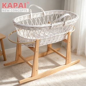 2026 KAPAI <strong>Grey</strong> Painted Wicker Baby <strong>Moses</strong> <strong>Basket</strong> With PU Handle Lightweight Travel Newborn Baby Carry Cot Cradle - Product Image 1