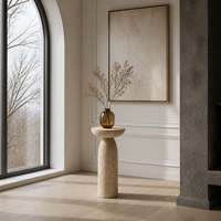 Table sur pied en travertin naturel artisanal, style minimaliste moderne, avec plateau en verre, pour chambre à coucher, salon et hôtel