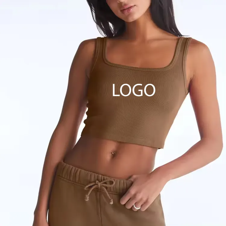 Camiseta sin mangas de entrenamiento para mujer personalizada al por mayor, Top corto con escote cuadrado, camiseta sin mangas acanalada sencilla para gimnasio y Fitness