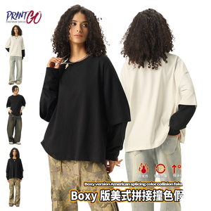 280g tinh khiết cotton thể thao T-Shirt với hai lớp màu tương phản dài tay áo và ngắn rộng Boxy Mỹ chắp vá thiết kế - Product Image 3