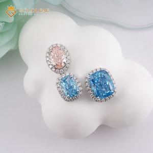 Boucles d'oreilles clous ovales roses longues en or 14 carats avec diamant fantaisie bleu de 2 carats, idéales pour offrir, mariage, usage quotidien - Product Image 2