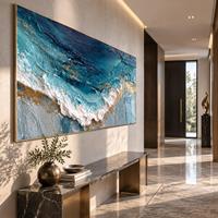 Peinture abstraite bleu sarcelle de l'océan, paysage marin texturé avec accents dorés métalliques, art mural côtier
