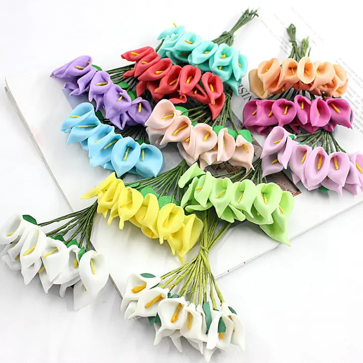 144pcs Artificial Mini EVA Calla Lily Flower Floral Bouquet Head for Crafts Wrapping Wedding DIY Candy Boxes Decorative Flowers