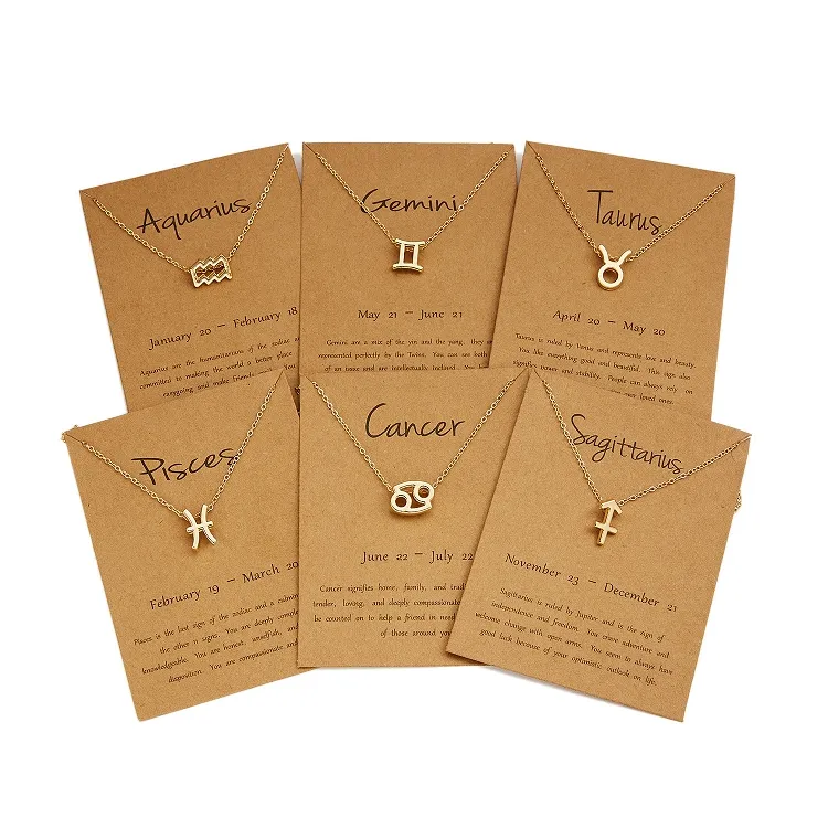 G305 Birthday Gift Gold Plated 12 Zodiac Sign Pendant Wish Card Charm Gold Chain Choker Astrology Necklace Jewelry For Women