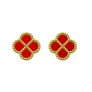 Fashion Custom Ruby 18K Gold Four-leaf Clover Bracelet Earrings Pendant Set.
