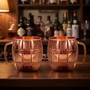 Set of 2 Copper <b>Moscow</b> <b>Mule</b> <b>Mugs</b> Vintage Barrel Design with Brass Handle for Home Bar - Product Image 1