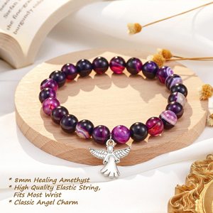 Bracelet en Agate Rose Zèbre à Rayures Violettes avec Breloque Ange, <span class=keywords><strong>pour</strong></span> Couple, <span class=keywords><strong>Amitié</strong></span>, Pierre de Guérison, Vente en Gros - Product Image 2