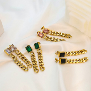 Fashion Stud Earrings Gold Chain Tassel Square Zircon Geometric Design Party Jewelry - Product Image 1