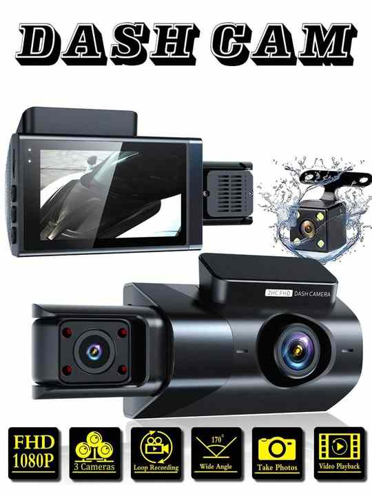 3 Channel Car DVR HD 1080P 3-Len Inside Vehicle Dash Cam Three Way ...
